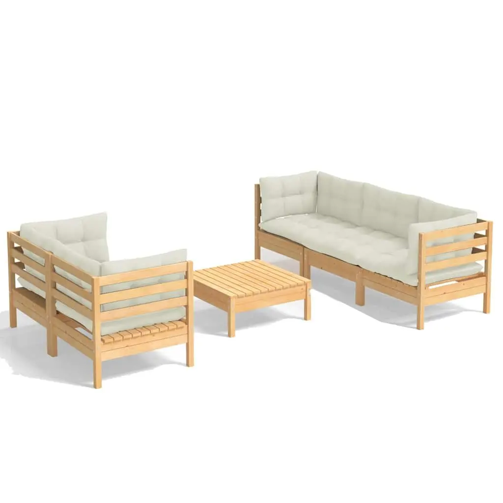 Garden Lounge Set Pinewood 6 Piece Outdoor Patio Furniture Cream Cushions