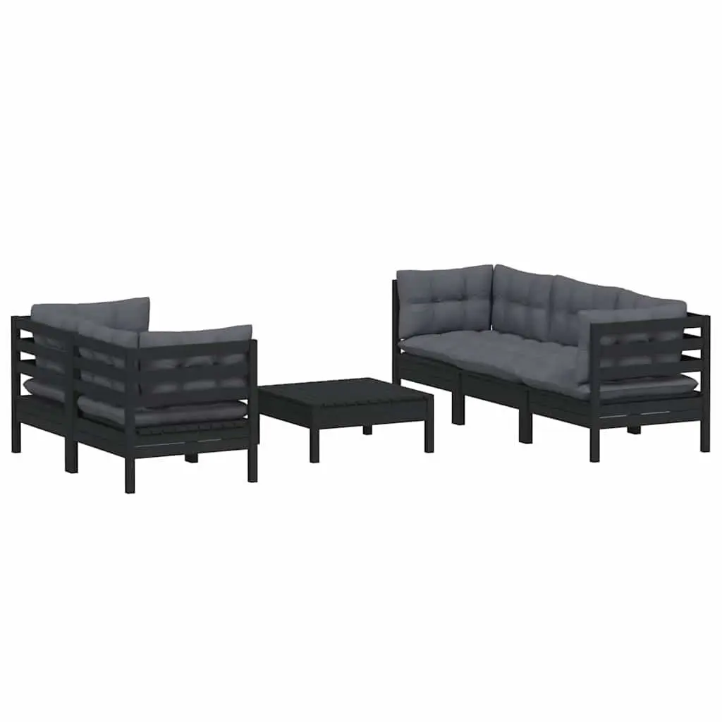 Garden Lounge Set Pinewood 6 Piece Outdoor Patio Furniture with Cushions Black