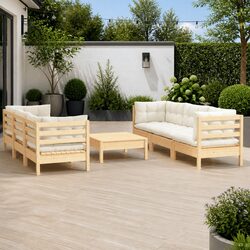 Premium 7 Piece Pinewood Garden Lounge Set with Cream Cushions