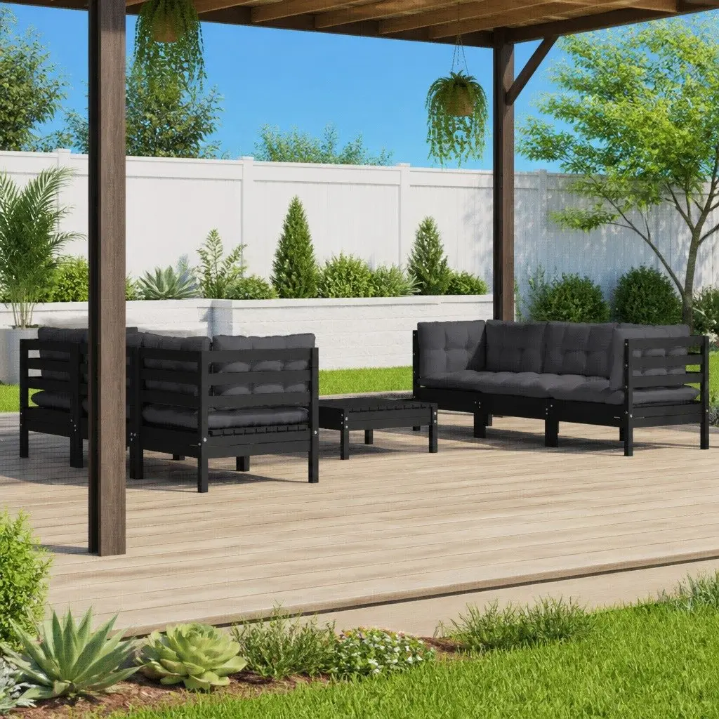 Garden Lounge Set Solid Pinewood 7 Piece Outdoor Patio Furniture Black with Cushions
