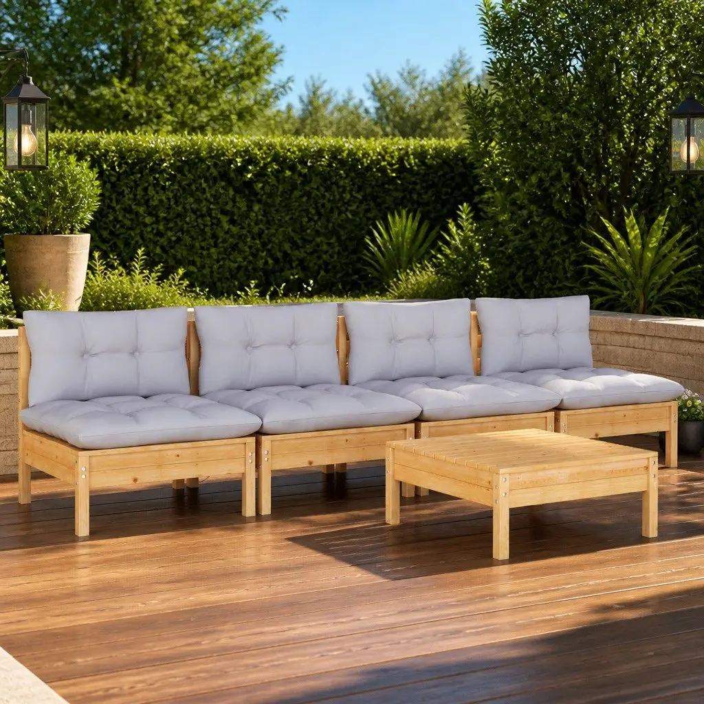 5 Piece Garden Lounge Set Pinewood Grey Cushions