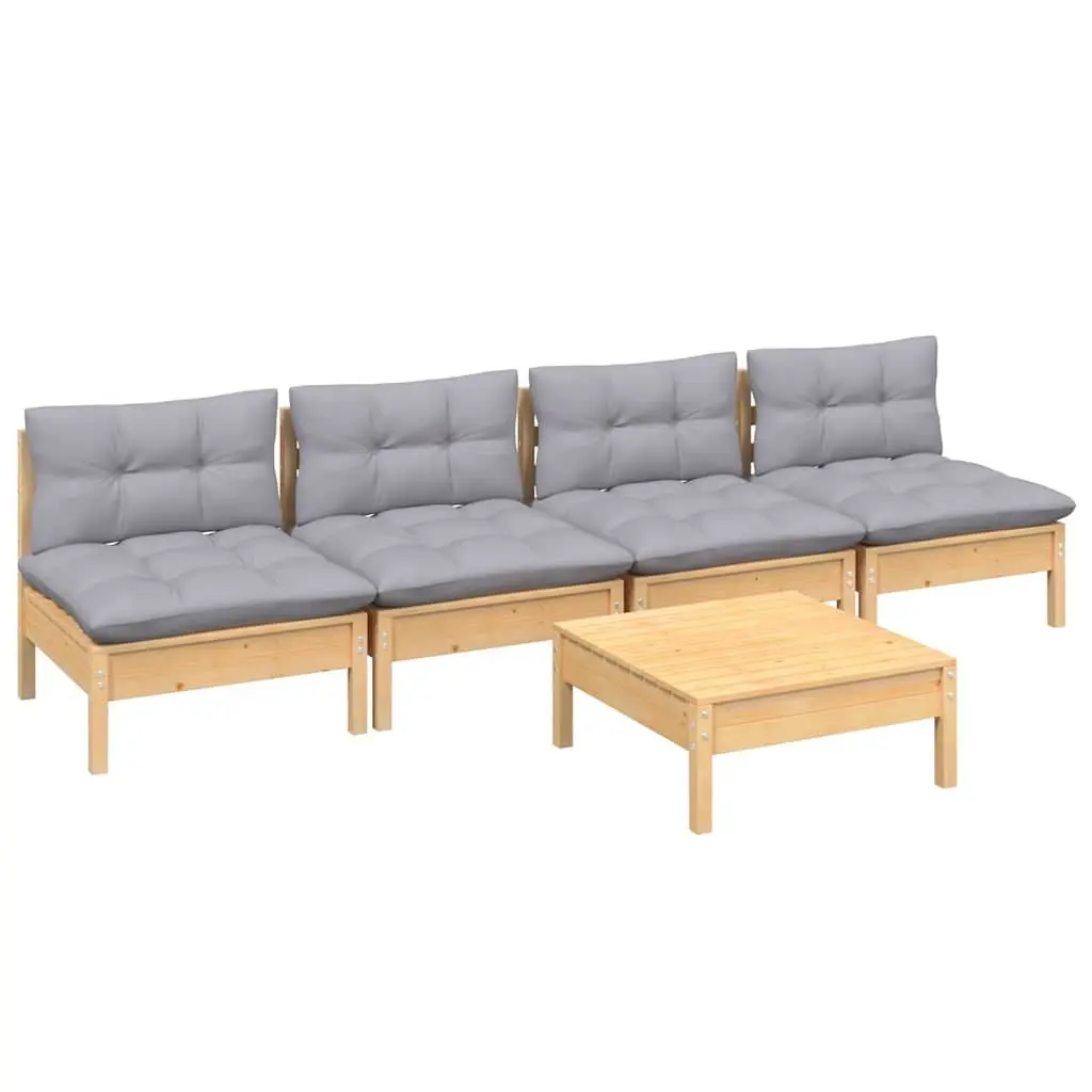 5 Piece Garden Lounge Set Pinewood Grey Cushions