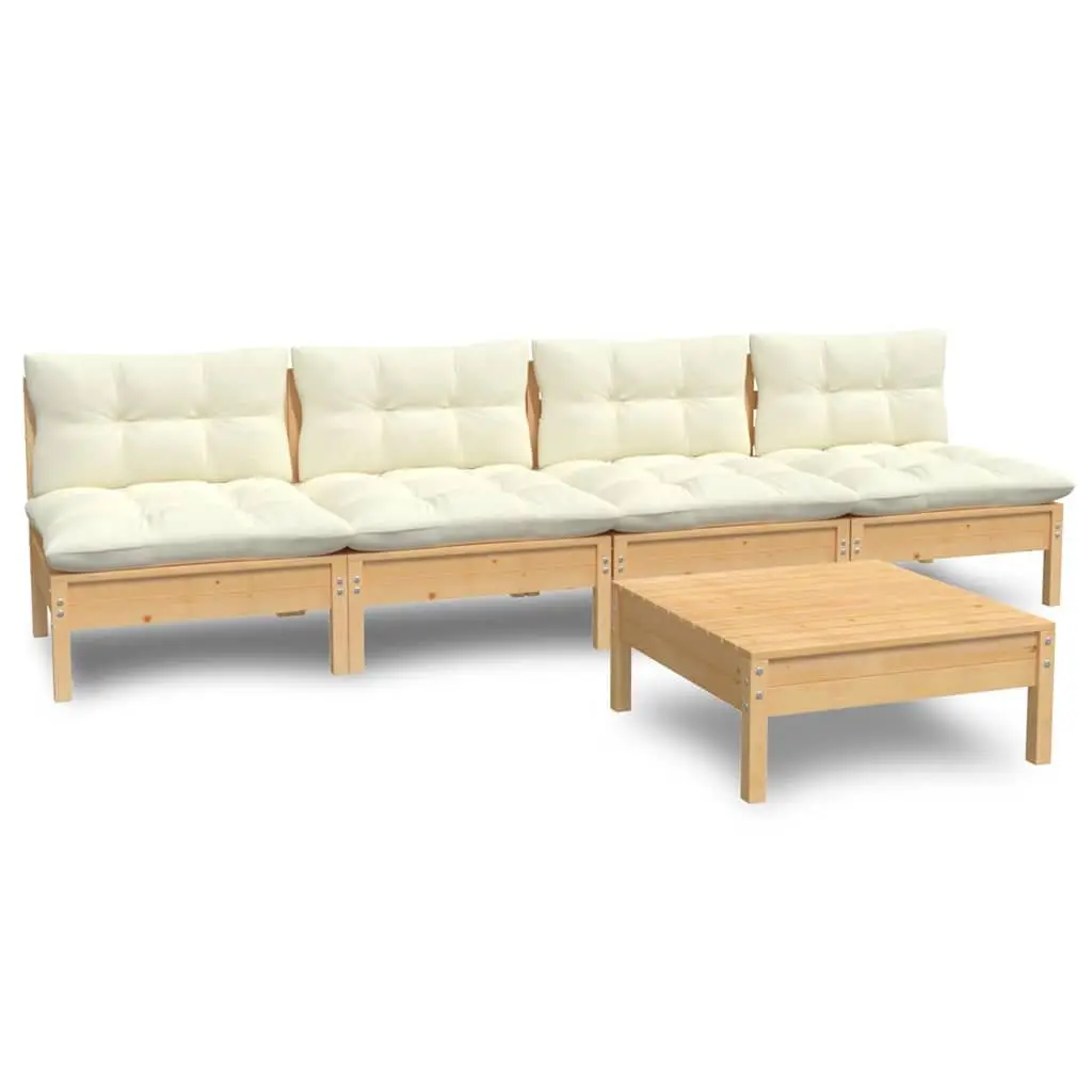 Garden Lounge Set Solid Pinewood 5 Piece Modular Outdoor Patio Furniture with Cream Cushions