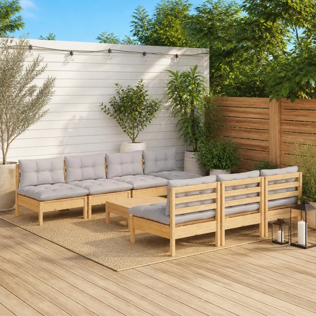 Garden Lounge Set Pinewood 8 Piece Outdoor Patio Furniture Grey Cushions