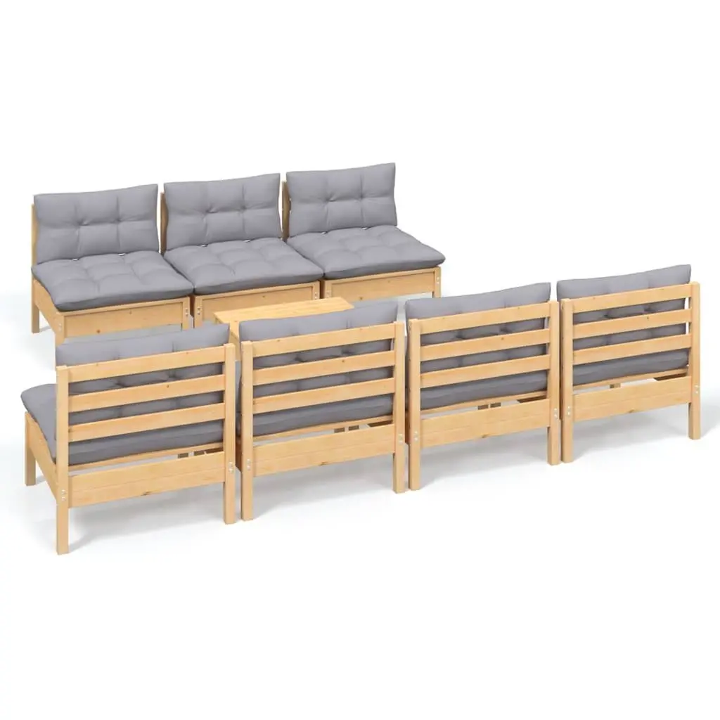 Garden Lounge Set Pinewood 8 Piece Outdoor Patio Furniture Grey Cushions