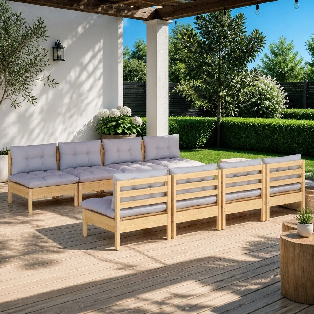 6 Piece Pinewood Garden Lounge Set with Grey Cushions