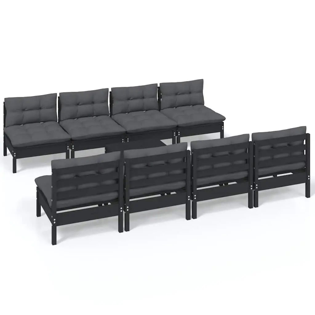 9 Piece Outdoor Lounge Set with Black Cushions and Pinewood