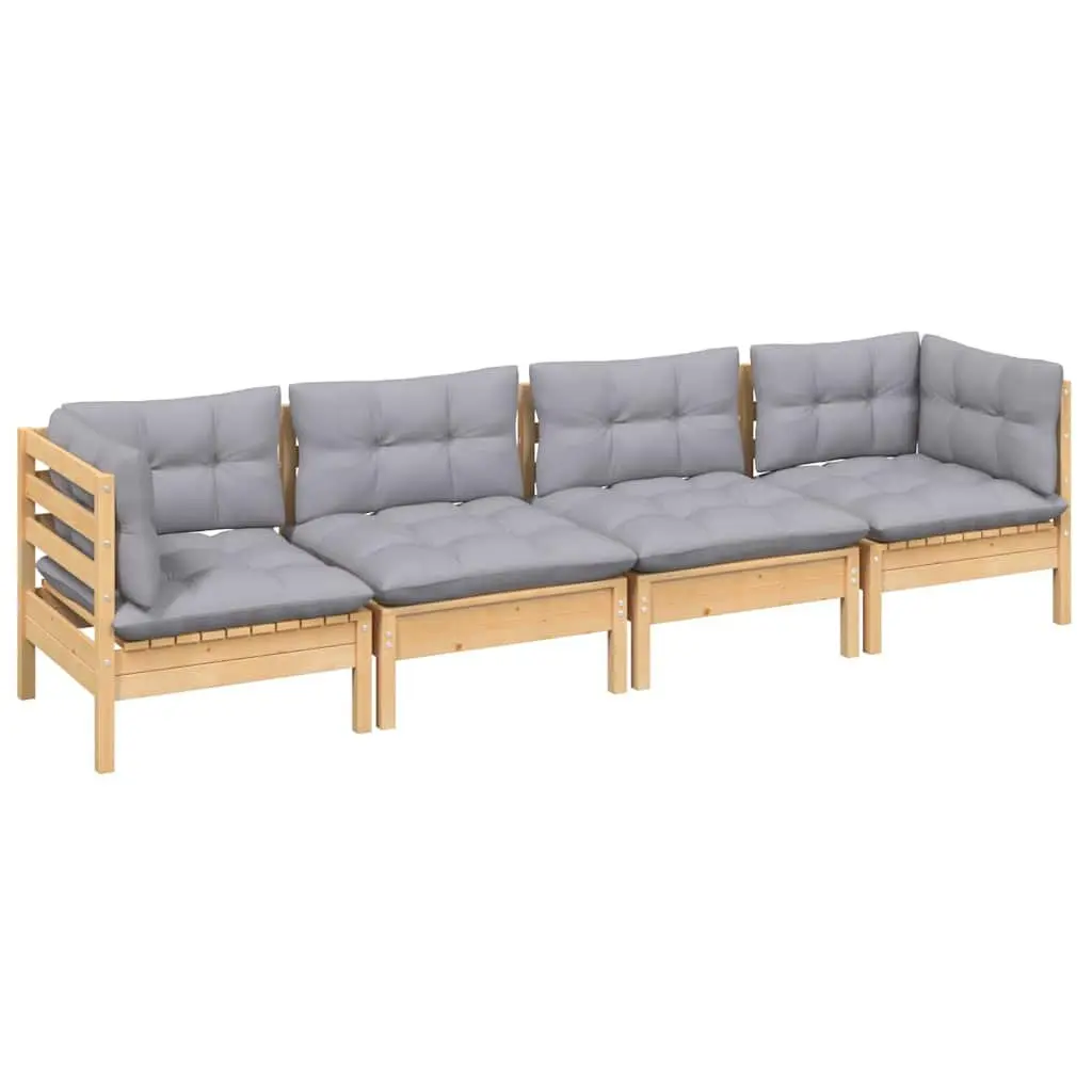 Garden Lounge Set Solid Pinewood 4 Piece Modular Outdoor Patio Furniture Grey Cushions