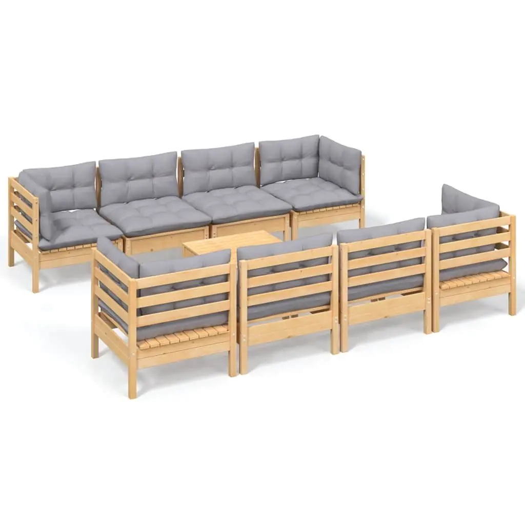 Garden Lounge Set Solid Pinewood 9 Piece Outdoor Patio Furniture Grey Cushions