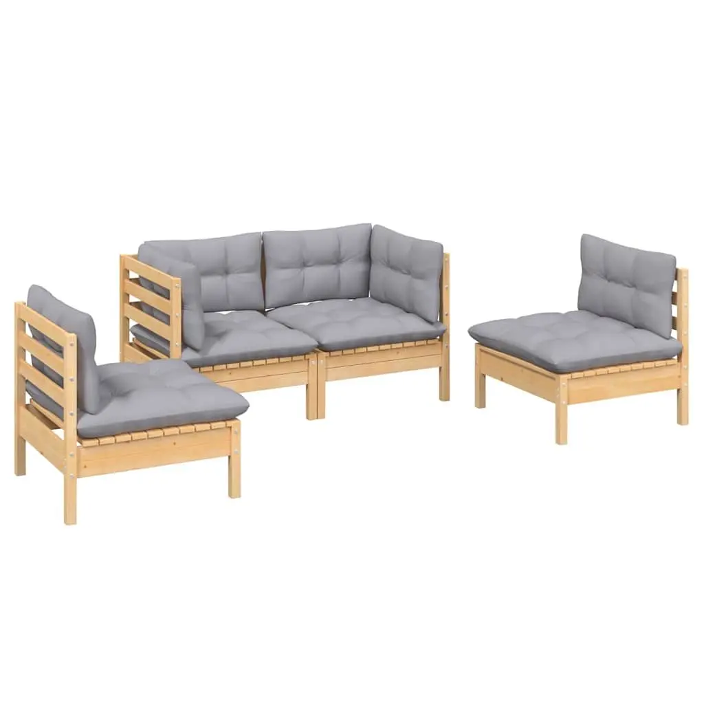 Garden Lounge Set Solid Pinewood 4 Piece Grey Cushions Outdoor Patio Furniture