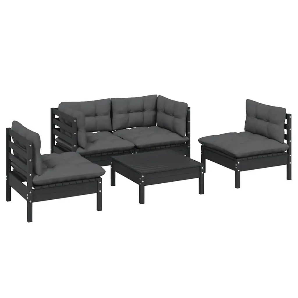 Garden Lounge Set Solid Pinewood 5 Piece Outdoor Furniture with Cushions Black