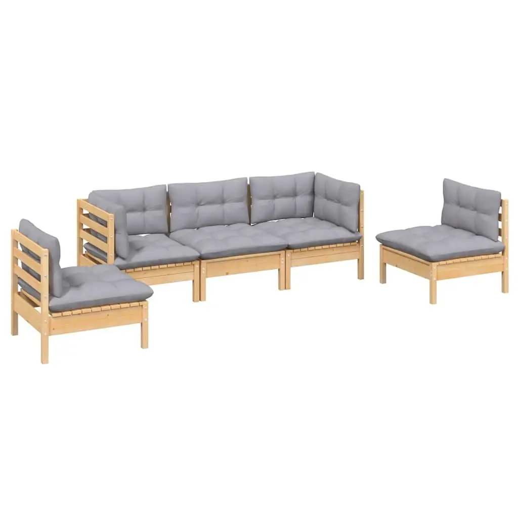 Garden Lounge Set Solid Pinewood 5 Piece Outdoor Patio Furniture Grey Cushions Modular