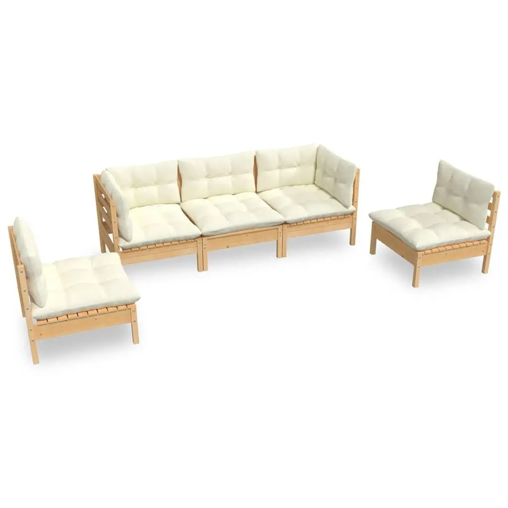 Garden Lounge Set Solid Pinewood 5 Piece Modular Outdoor Patio Furniture Cream Cushions