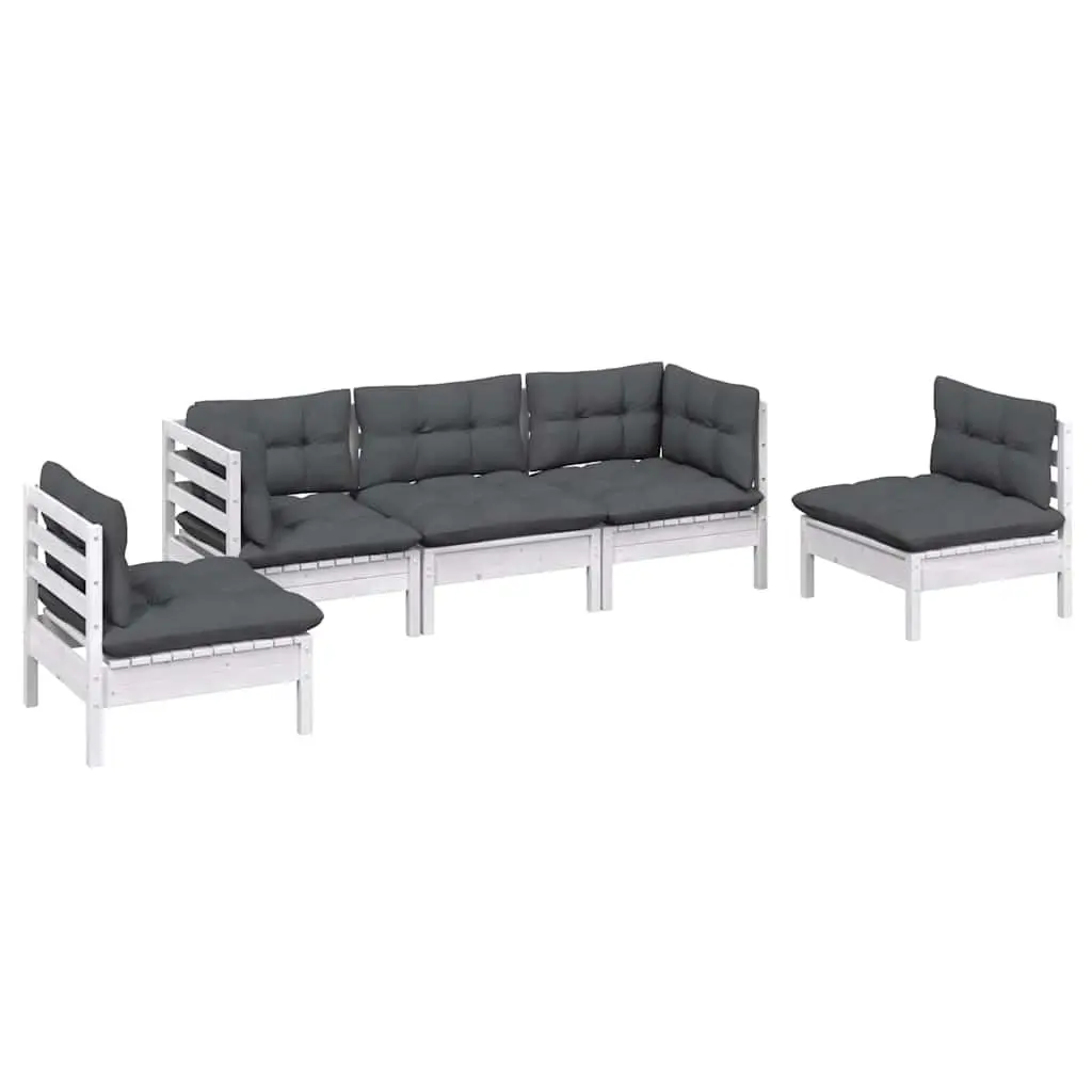 Garden Lounge Set Solid Pinewood 5 Piece Outdoor Furniture White Cushions