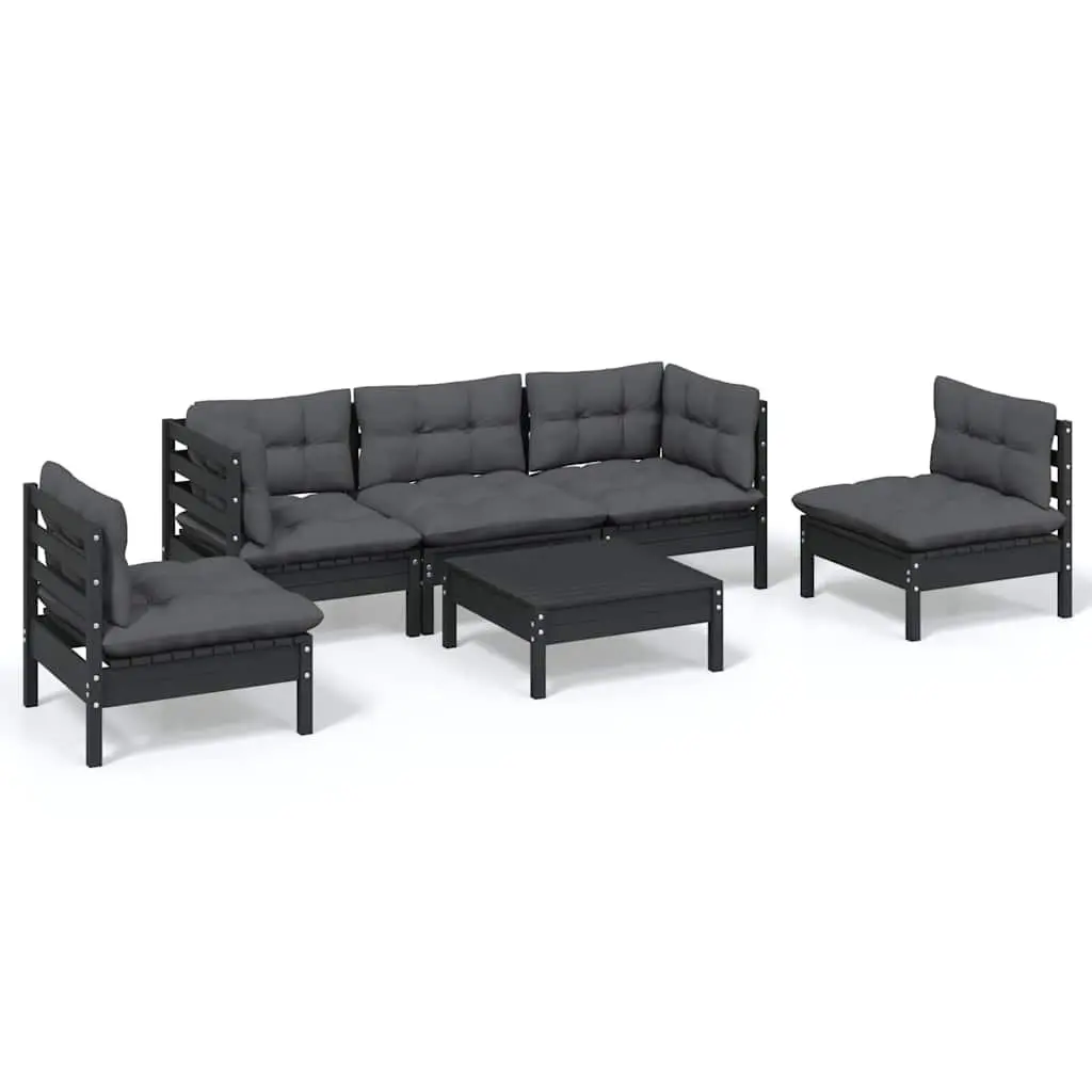 Garden Lounge Set Pinewood 6 Piece Outdoor Patio Furniture with Cushions Black