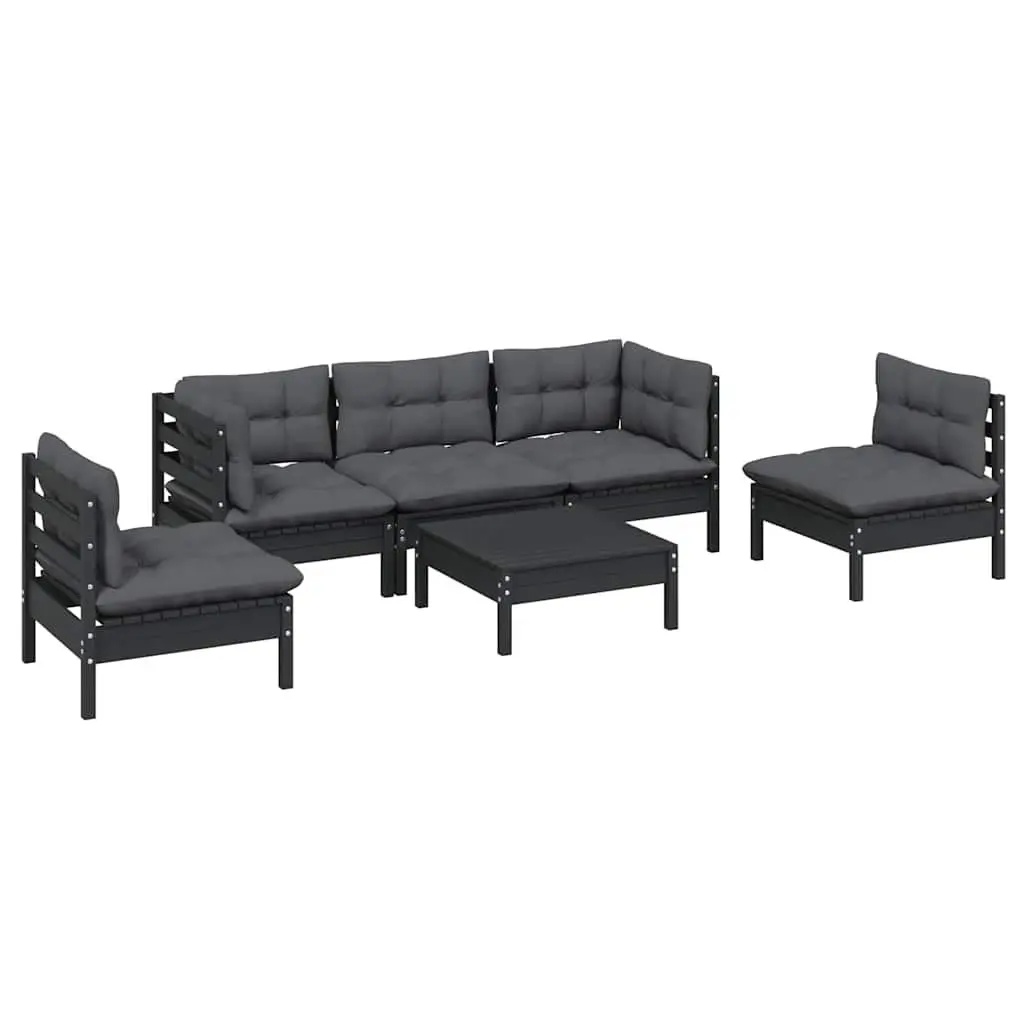 Garden Lounge Set Pinewood 6 Piece Outdoor Patio Furniture with Cushions Black