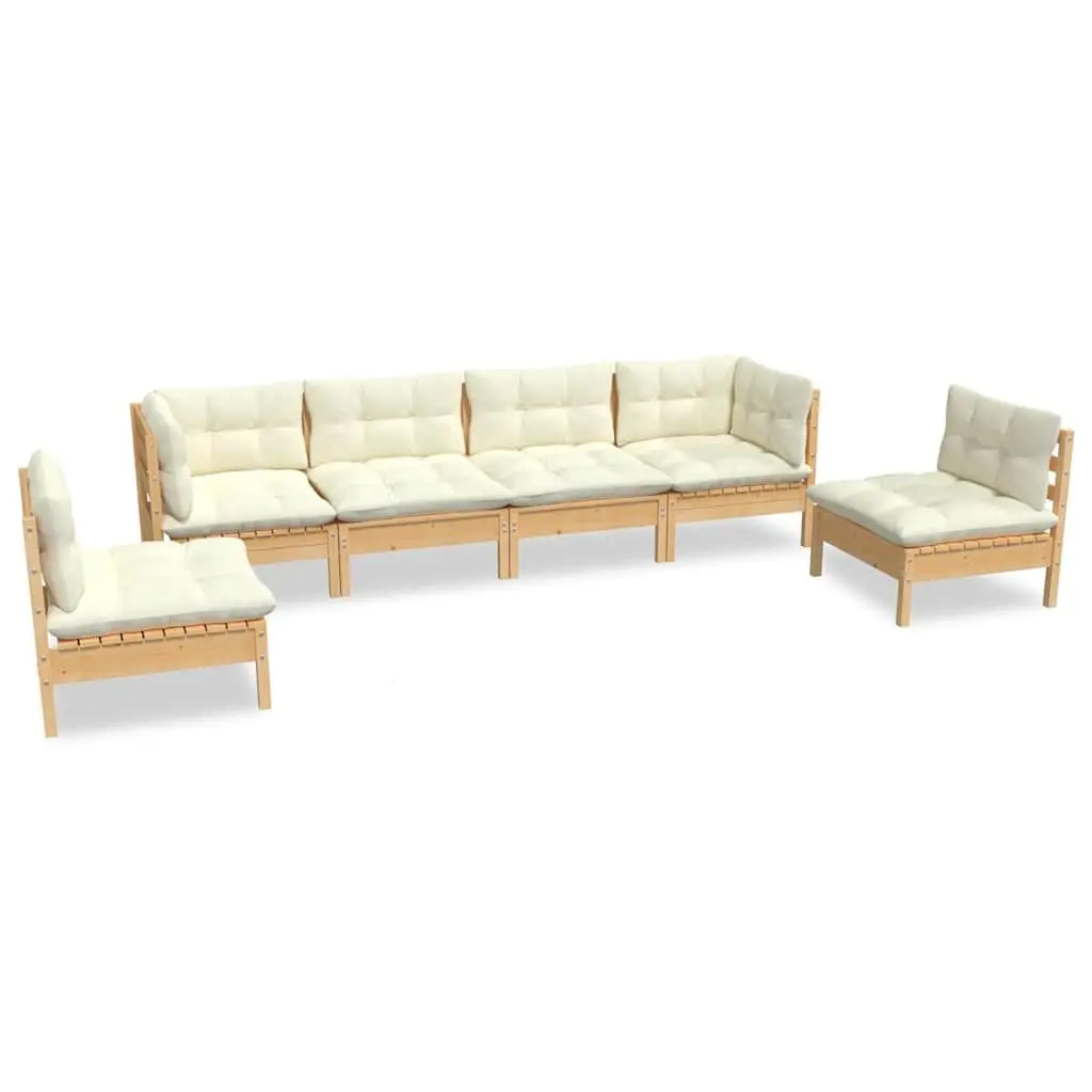 Garden Lounge Set Solid Pinewood 6 Piece Modular Outdoor Patio Furniture Cream Cushions