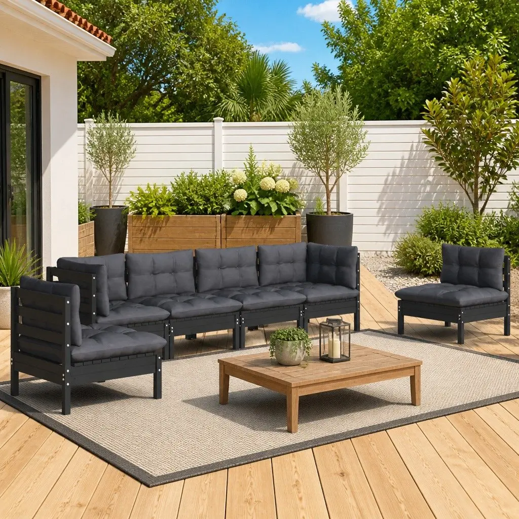 6 Piece Outdoor Garden Lounge Set with Cushions Black