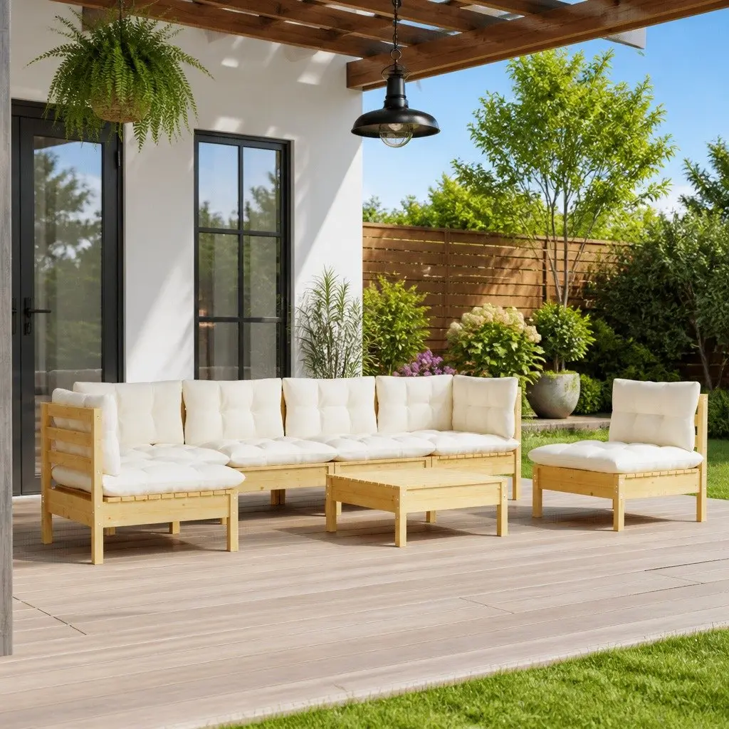 7 Piece Patio Lounge Set of Solid Pinewood with Cream Cushions
