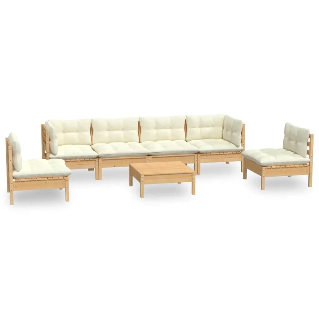 7 Piece Patio Lounge Set of Solid Pinewood with Cream Cushions