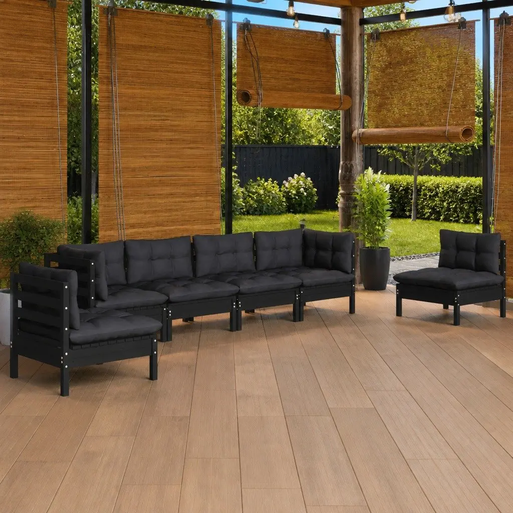 7 Piece Garden Lounge Set Solid Pinewood Outdoor Patio Furniture Black with Cushions