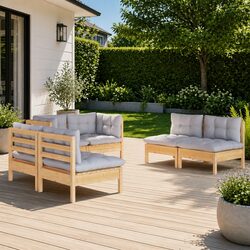 Modular Garden Lounge Set 6 Piece Solid Pinewood with Grey Cushions