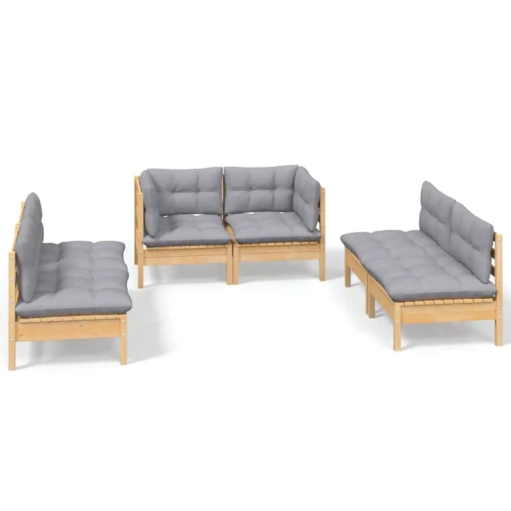 Modular Garden Lounge Set 6 Piece Solid Pinewood with Grey Cushions