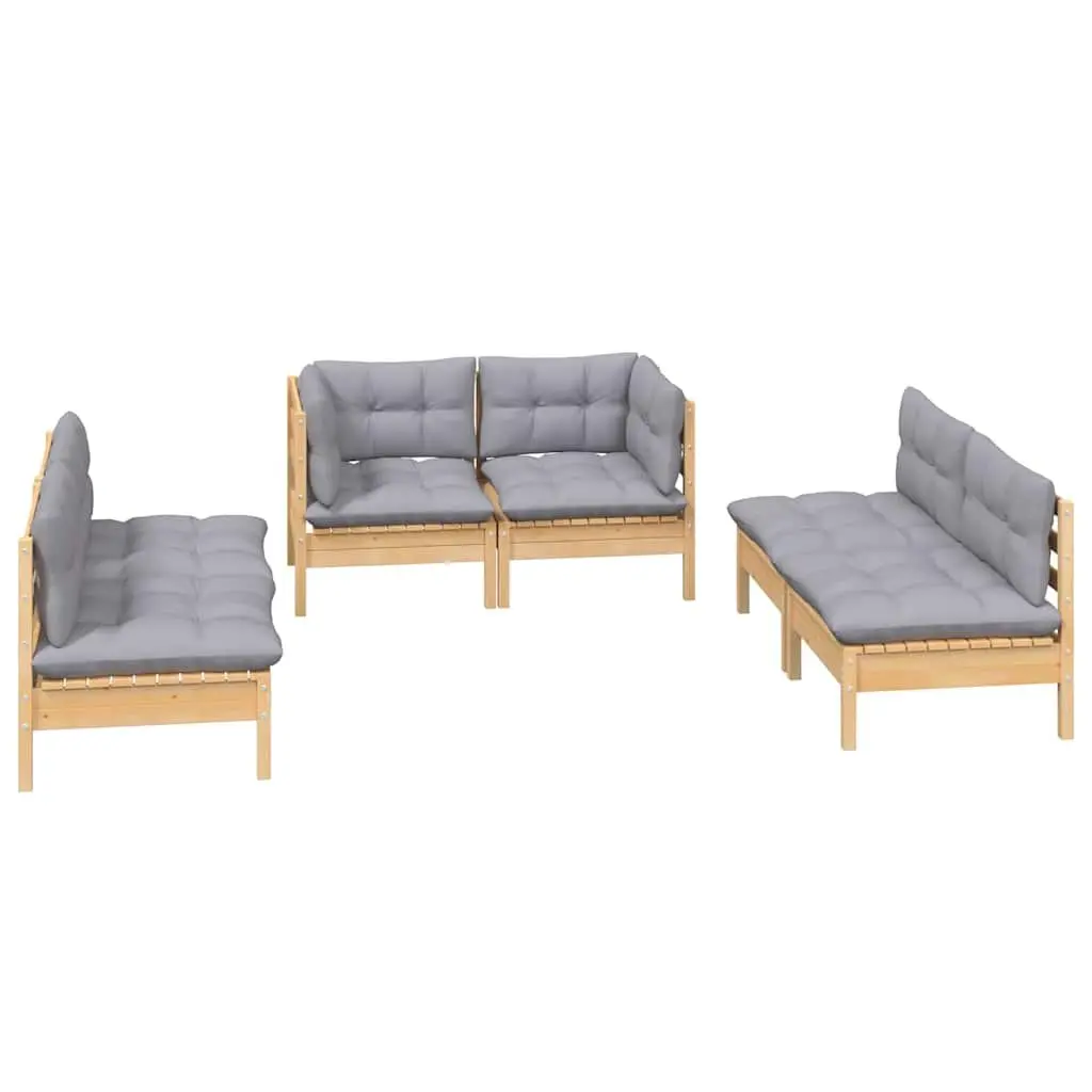 Modular Garden Lounge Set 6 Piece Solid Pinewood with Grey Cushions