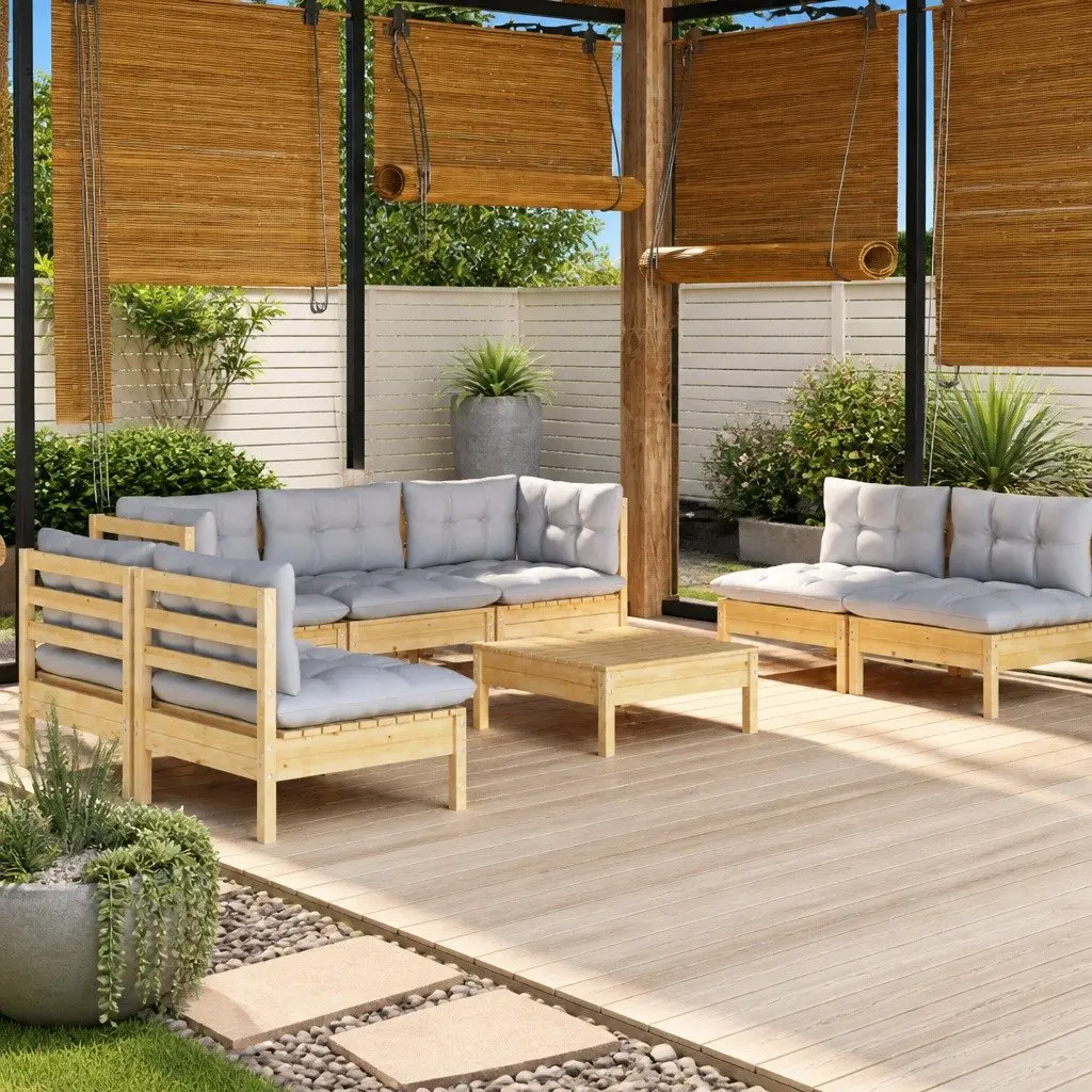 Garden Lounge Set Solid Pinewood 8 Piece Outdoor Patio Furniture Grey Cushions