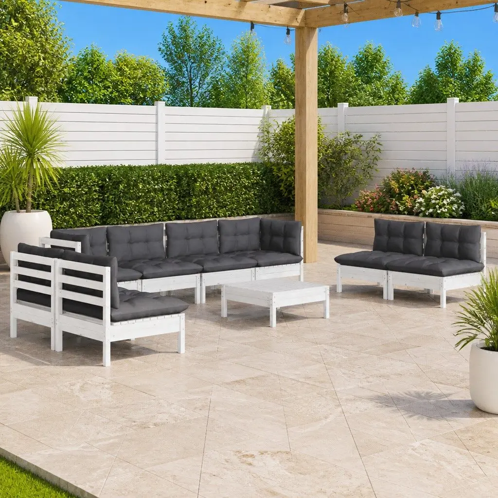 Garden Lounge Set Solid Pinewood 9 Piece Outdoor Patio Furniture with Cushions White