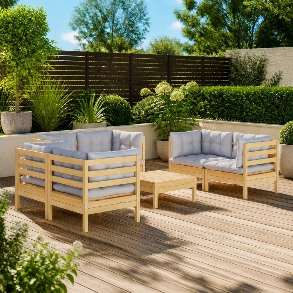 Garden Lounge Set Solid Pinewood 7 Piece Outdoor Patio Furniture Grey Cushions