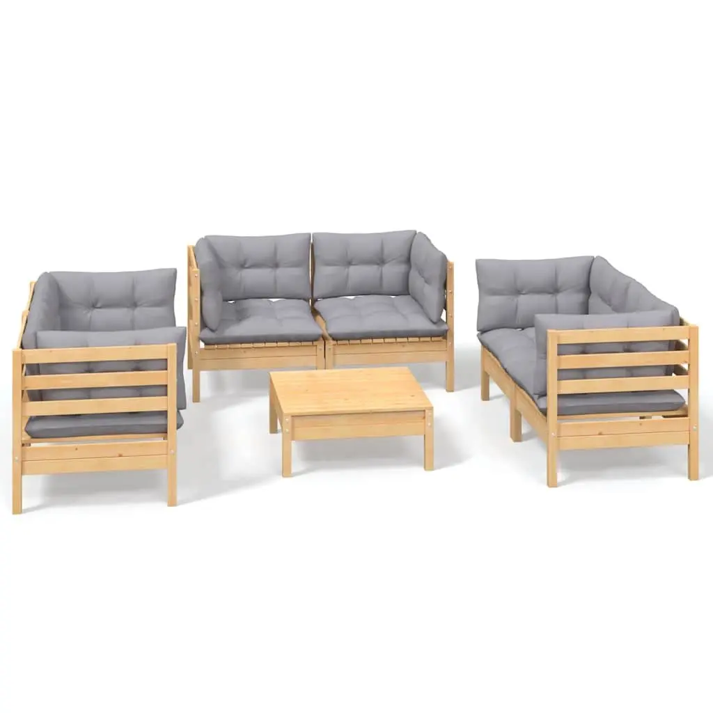 Garden Lounge Set Solid Pinewood 7 Piece Outdoor Patio Furniture Grey Cushions