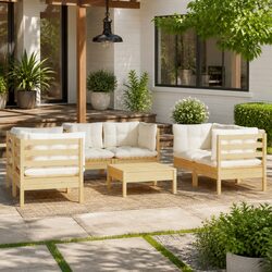 7 Piece Patio Lounge Set in Solid Pinewood with Cream Cushions