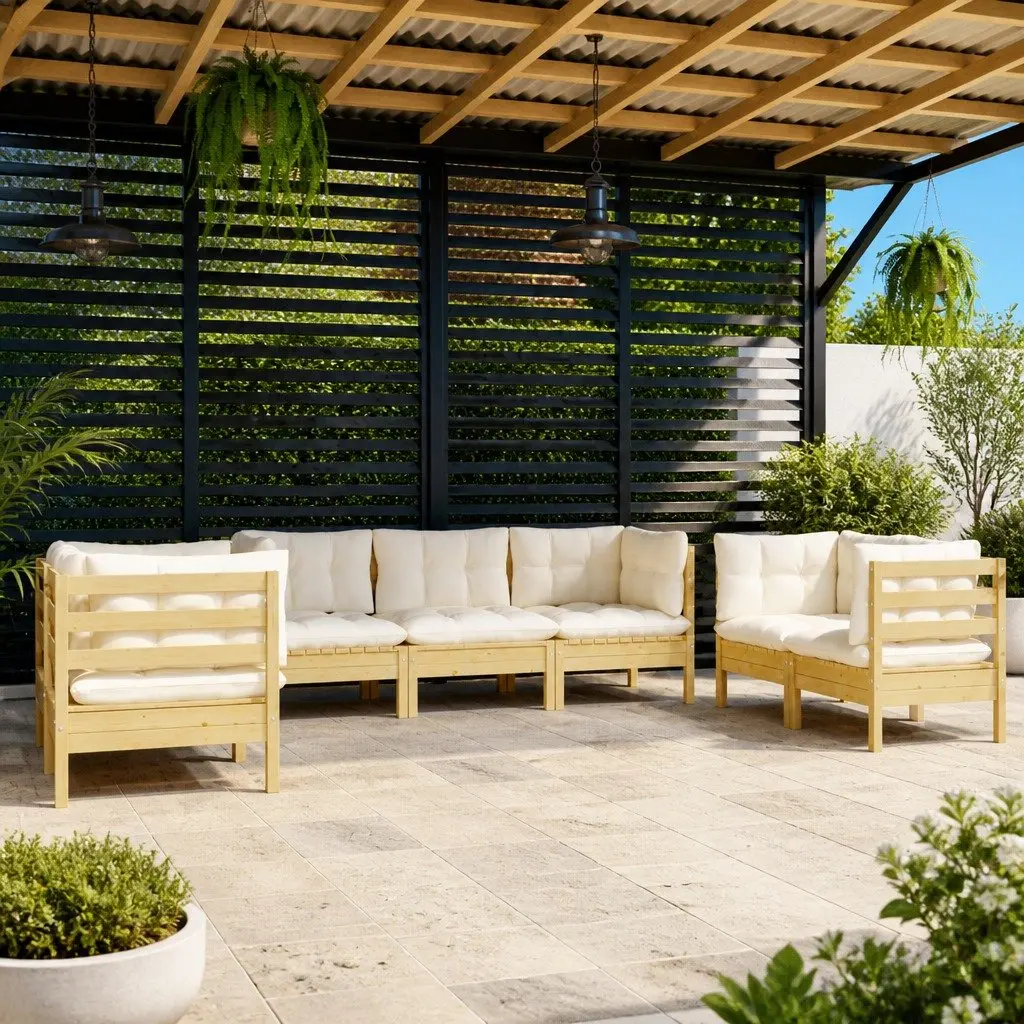 Garden Lounge Set Solid Pinewood 7 Piece Cream Cushions Modular