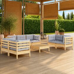 Garden Lounge Set 8 Piece Outdoor Furniture Grey Cushions Solid Pinewood Modular