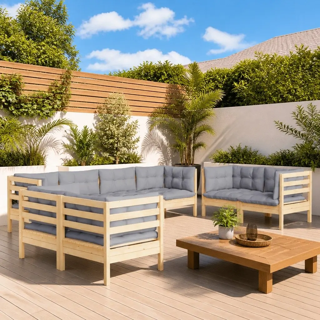 Garden Lounge Set Solid Pinewood 8 Piece Outdoor Patio Furniture Grey Cushions