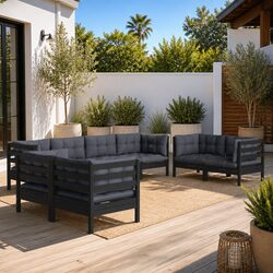 8 Piece Black Outdoor Garden Lounge Set with Cushions