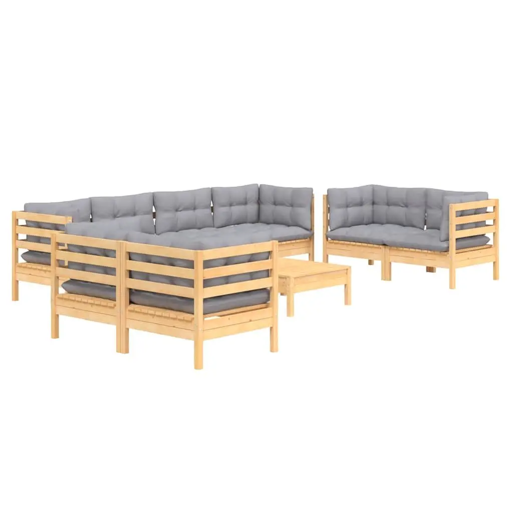 Garden Lounge Set Solid Pinewood 9 Piece Outdoor Patio Furniture Grey Cushions