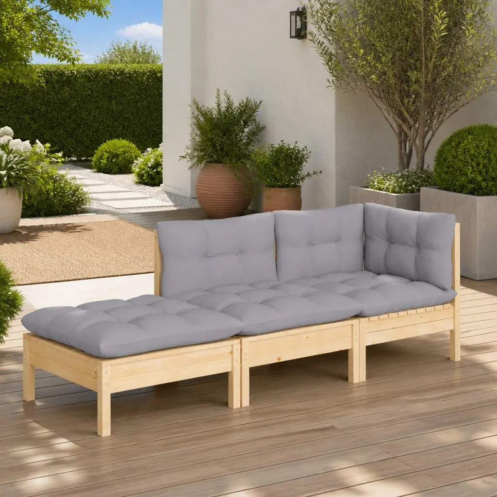 3 Piece Garden Lounge Set with Grey Cushions