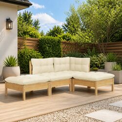 4 Piece Pinewood Garden Lounge Set with Cream Cushions