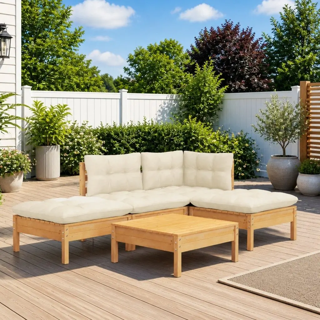 5 Piece Outdoor Garden Lounge Set Solid Pinewood Cream Cushions Modular