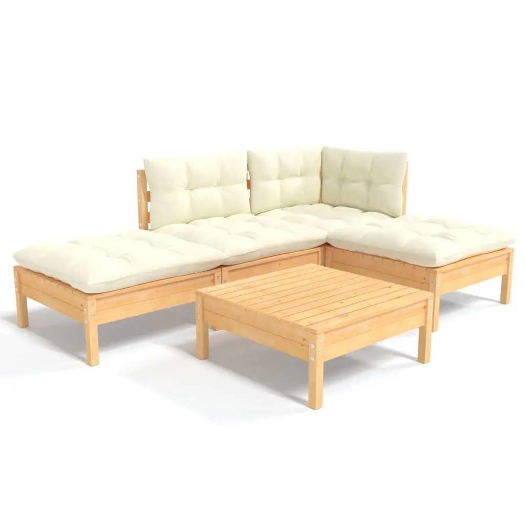 5 Piece Outdoor Garden Lounge Set Solid Pinewood Cream Cushions Modular