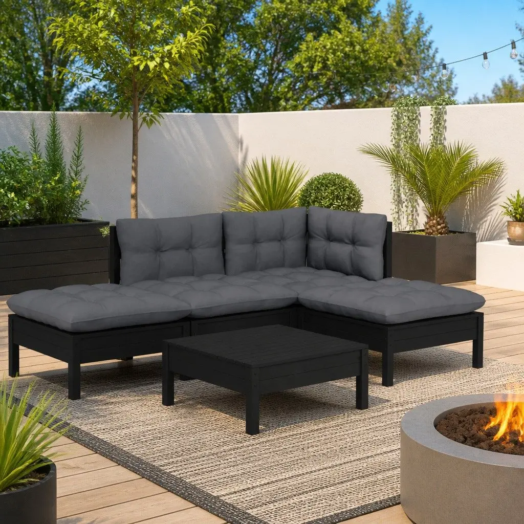Black Pinewood 5-Piece Garden Lounge Set