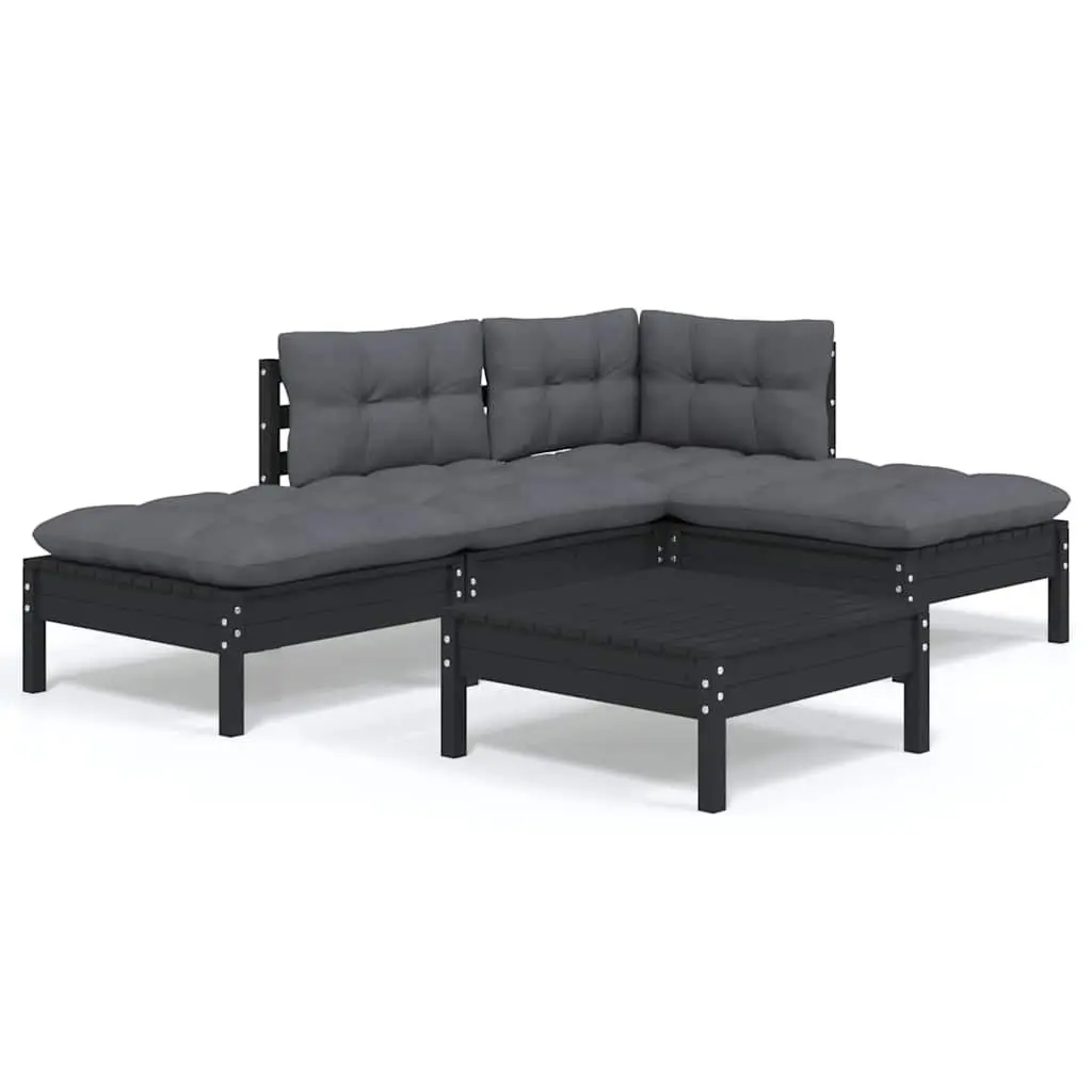 Black Pinewood 5-Piece Garden Lounge Set