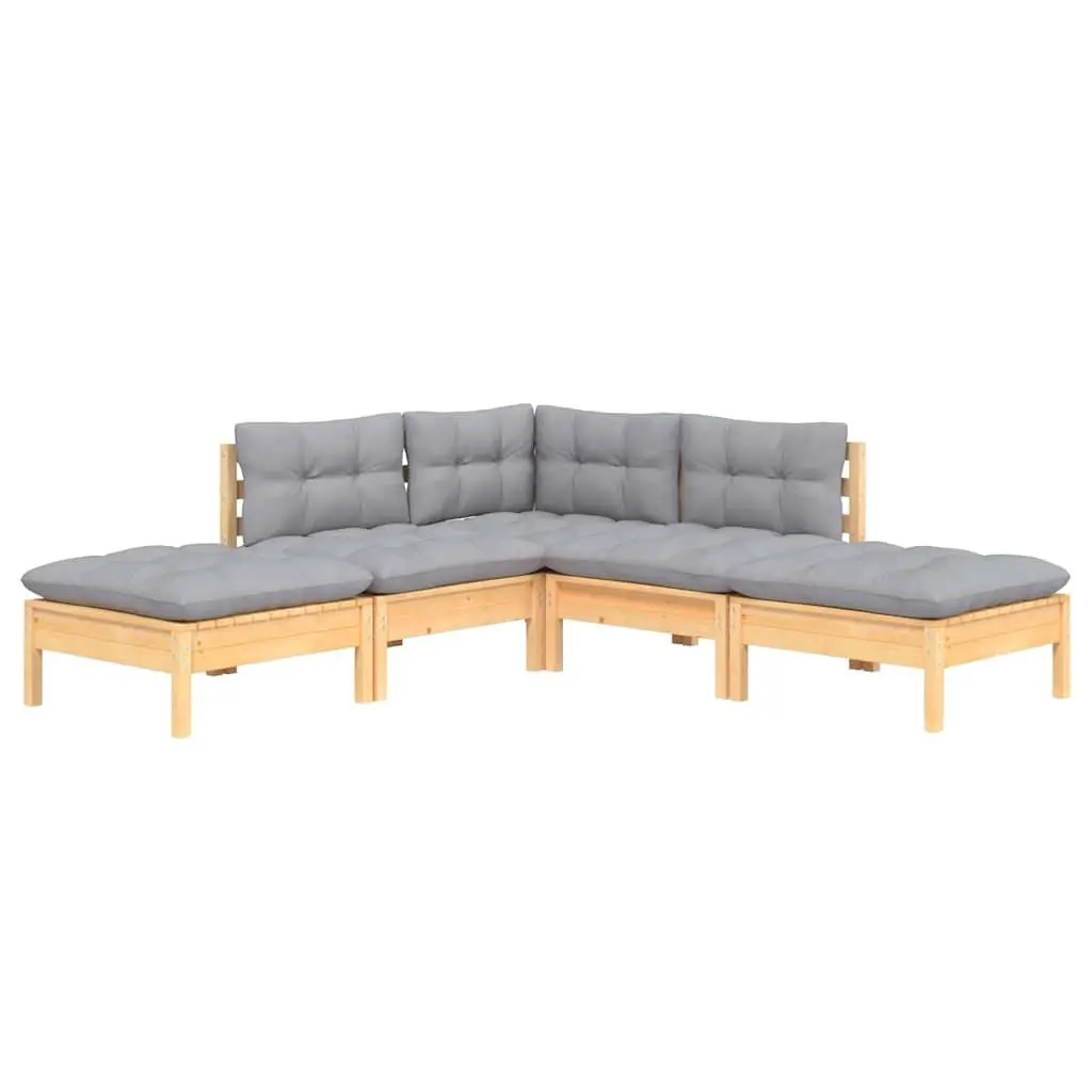 Garden Lounge Set Solid Pinewood 5 Piece Outdoor Patio Furniture Grey Cushions
