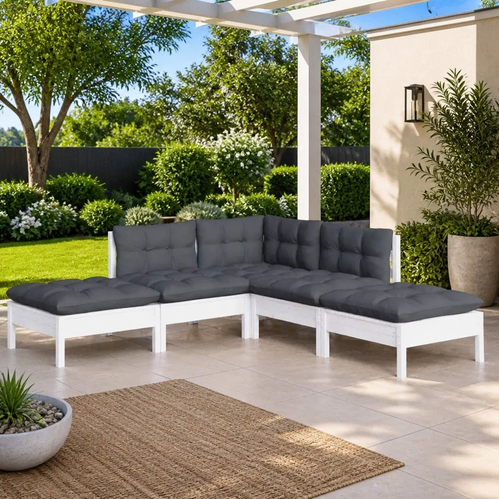 Garden Lounge Set Solid Pinewood 5 Piece White Outdoor Patio Furniture with Cushions
