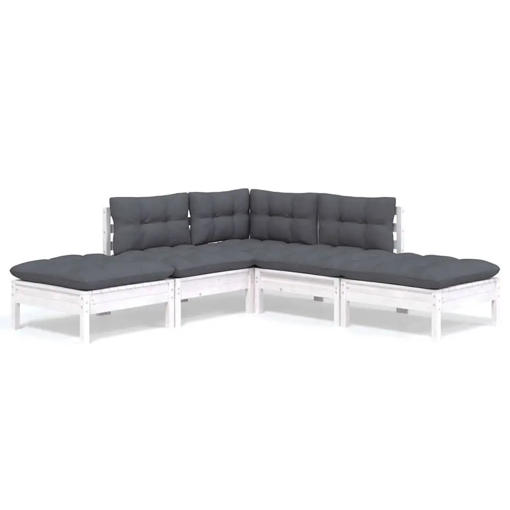 Garden Lounge Set Solid Pinewood 5 Piece White Outdoor Patio Furniture with Cushions