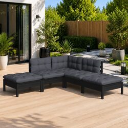 Black Pinewood 5-Piece Garden Lounge Set with Cushions