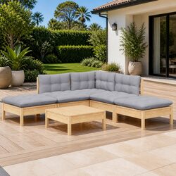 Durable Wooden 6-Piece Garden Lounge Set with Grey Cushions