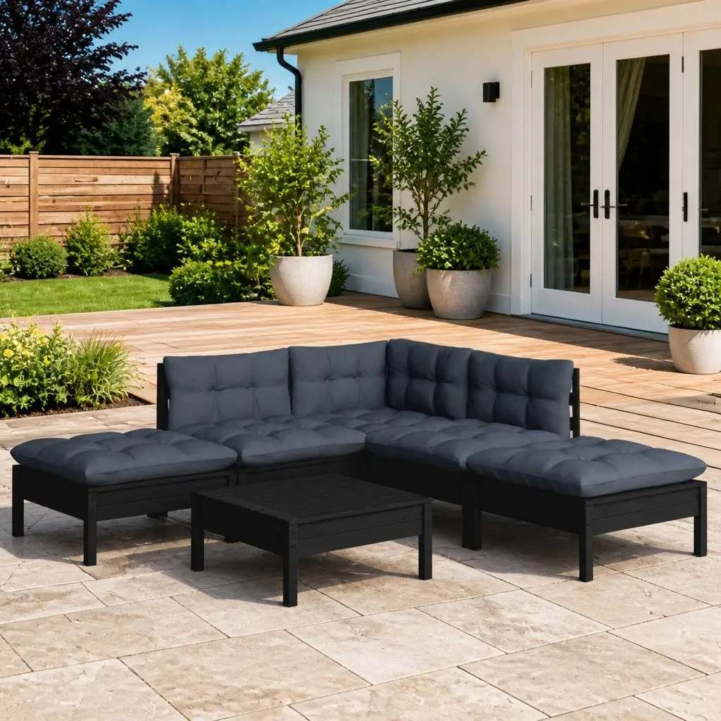 Garden Lounge Set Pinewood 6 Piece Black Outdoor Furniture with Cushions